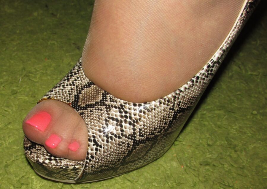 Free porn pics of Tan pantyhose opentoe snake high heels and pink gel pedicure 9 of 13 pics