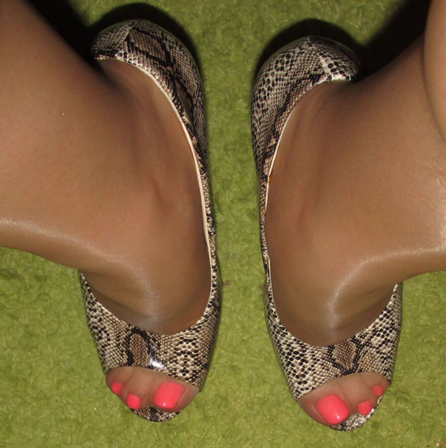 Free porn pics of Tan pantyhose opentoe snake high heels and pink gel pedicure 11 of 13 pics