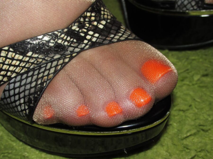 Free porn pics of Tan shiny pantyhose, hihg heels and neon orange gel pedicure 4 of 10 pics