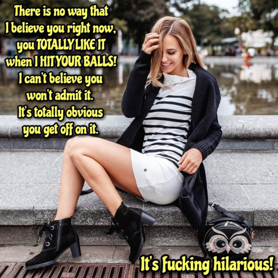 Free porn pics of Uno mas Femdom ballbusting bully cuckold captions galore! Got a  2 of 35 pics