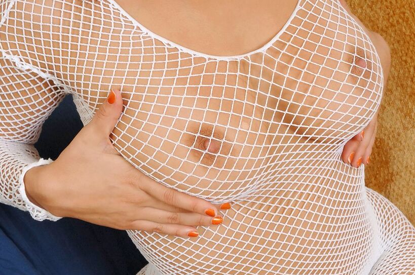 Free porn pics of Busty babe Mia in white fishnet 2 of 101 pics