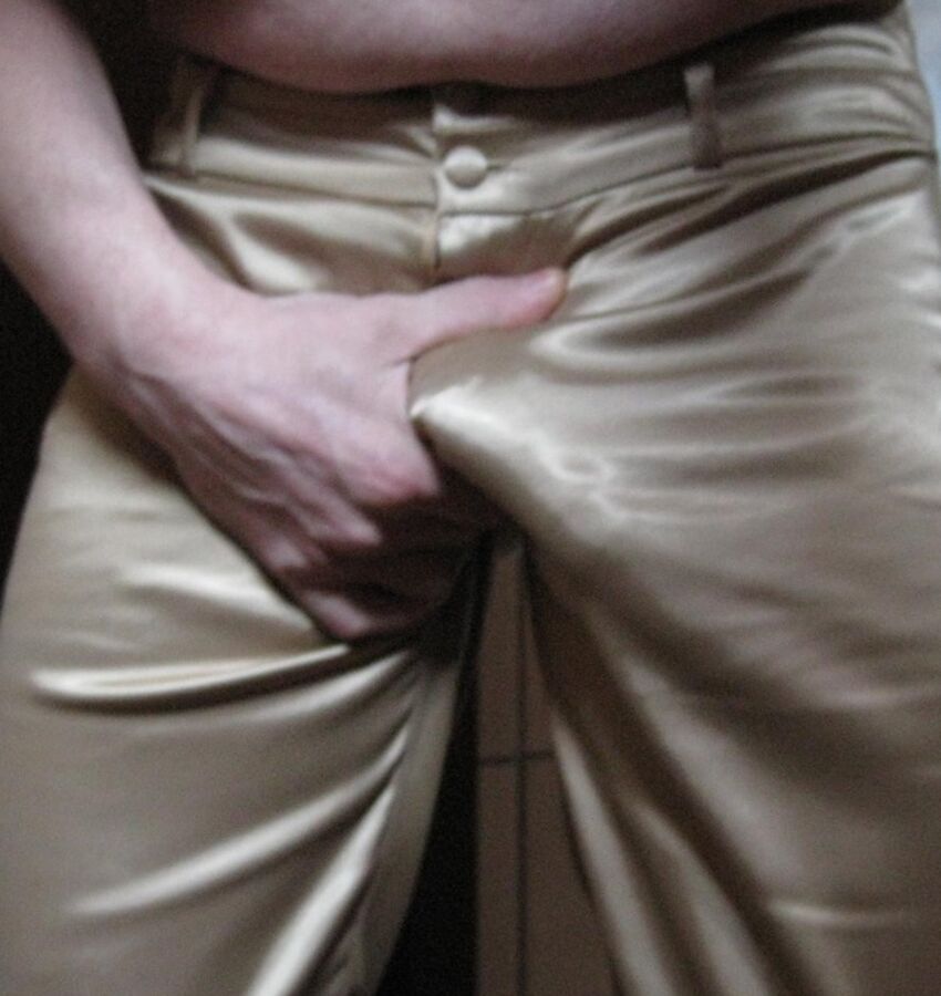 Free porn pics of Me in golden Shiny Satin trousers and Thong 5 of 28 pics