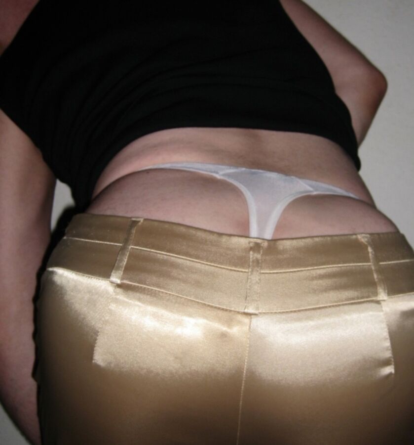 Free porn pics of Me in golden Shiny Satin trousers and Thong 13 of 28 pics