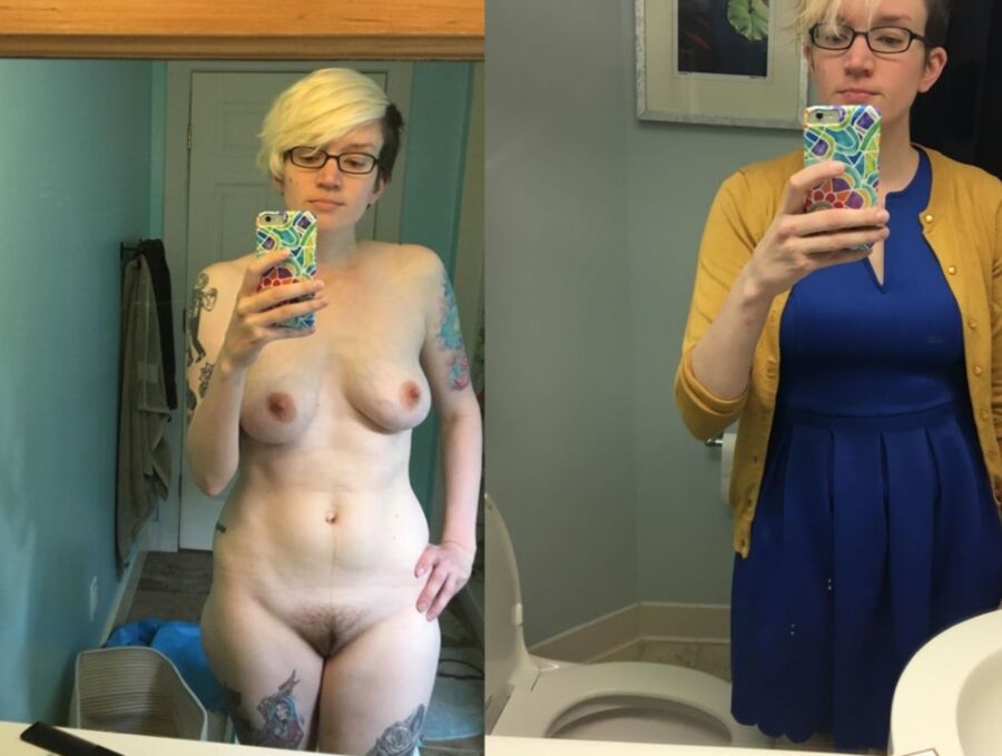 Free porn pics of Short haired tattooed cutie, dressed undressed, before after 6 of 10 pics