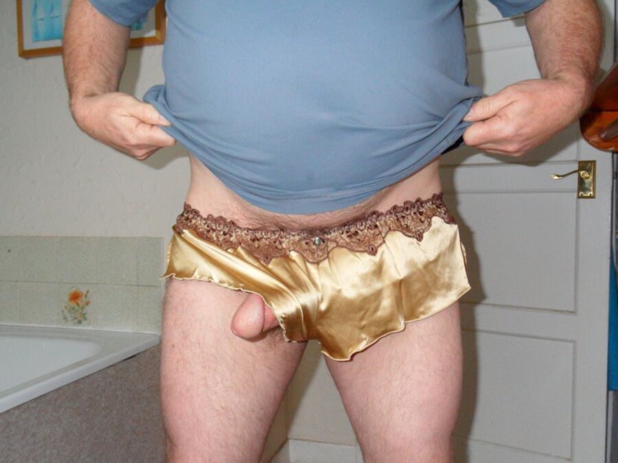 Free porn pics of Cumming in my Gold Satin French Knickers 6 of 9 pics
