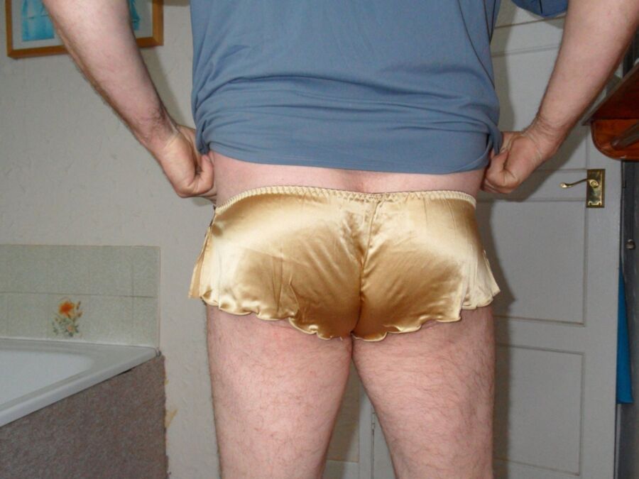 Free porn pics of Cumming in my Gold Satin French Knickers 2 of 9 pics