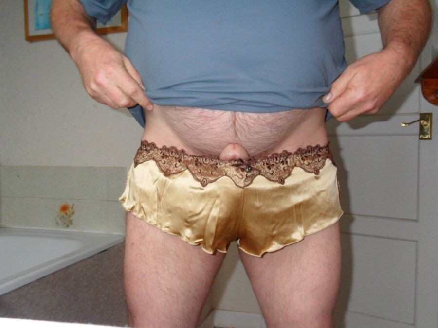 Free porn pics of Cumming in my Gold Satin French Knickers 3 of 9 pics
