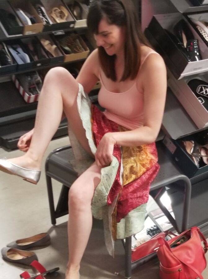 Free porn pics of Wife flashing pussy with no panties in shoe store 16 of 16 pics