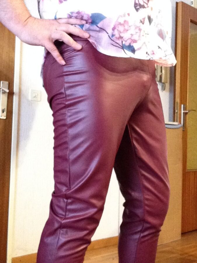 Posing in red leatherlook pants 4 of 35 pics