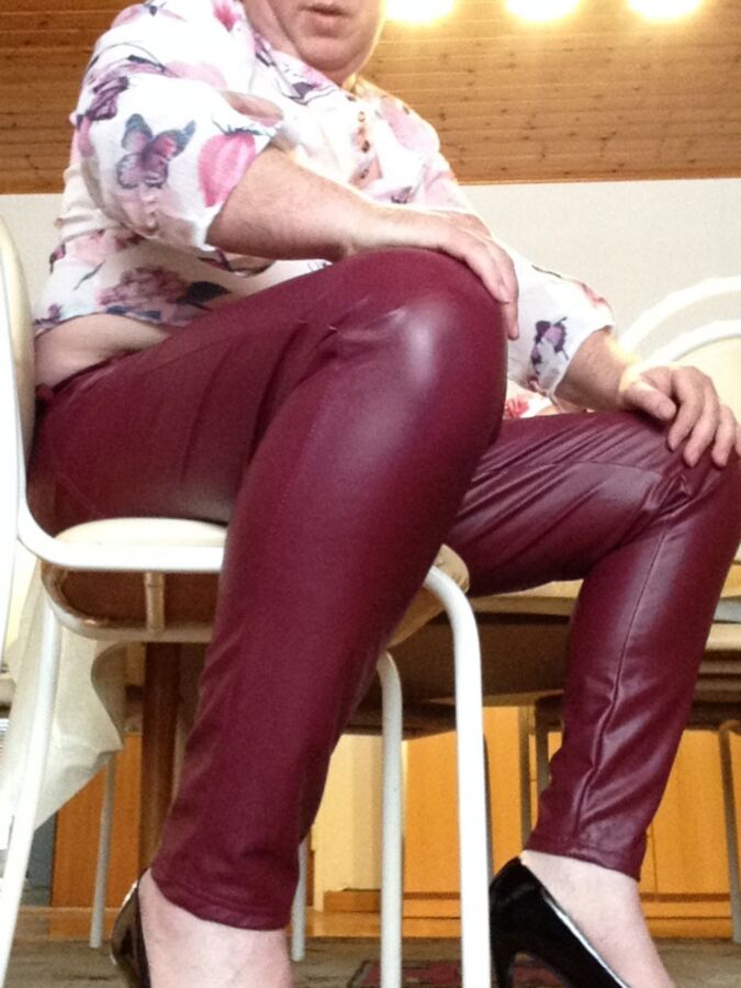 Posing in red leatherlook pants 5 of 35 pics