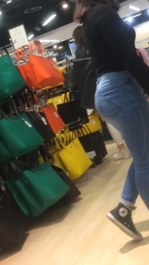 Candid voyeur redhead teen in tight jeans