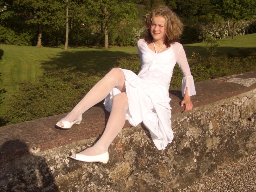 Cuntfirmation - konfirmation whore in white shiny hose 8 of 11 pics