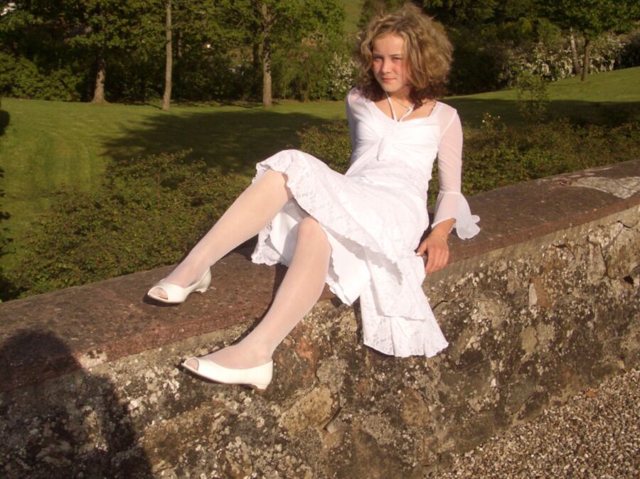 Cuntfirmation - konfirmation whore in white shiny hose 7 of 11 pics