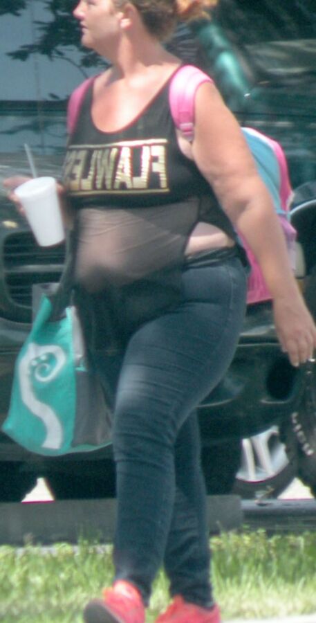 Sheer-top belly overhang THICK FAT bbw street slut NOT BAD 12 of 25 pics