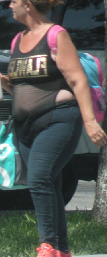 Sheer-top belly overhang THICK FAT bbw street slut NOT BAD 1 of 25 pics