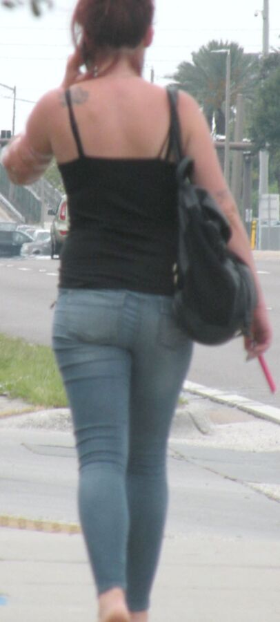 Skinny FL hooker in jeans, tiny little belly TIGHT JEANS redhead 5 of 5 pics