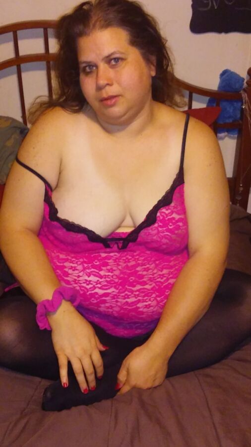 Wife In Pink Nighty With Black Thigh Highs On For You To Destroy 12 of 16 pics