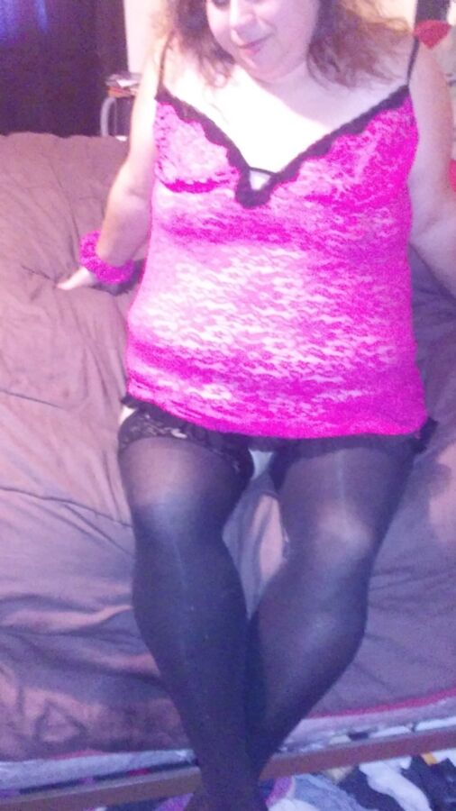 Wife In Pink Nighty With Black Thigh Highs On For You To Destroy 1 of 16 pics