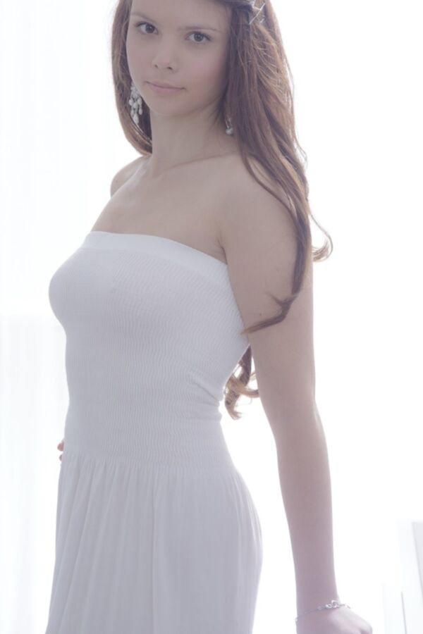 nicely rounded Russian brunette wears white dress for joining 6 of 115 pics