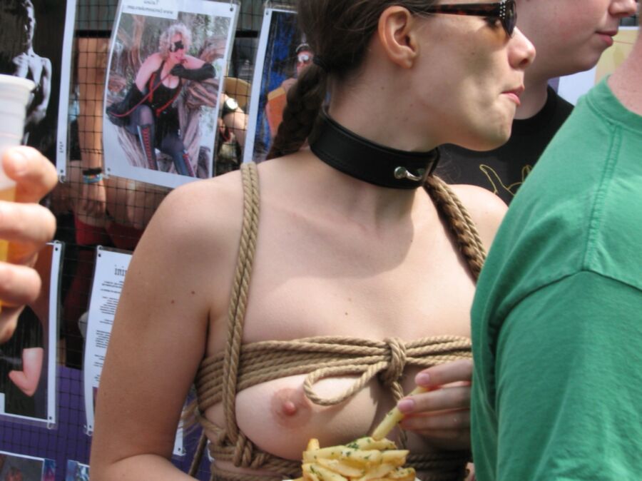 Amateur submissives exhibited, bound, leashed whipped in public 21 of 39 pics
