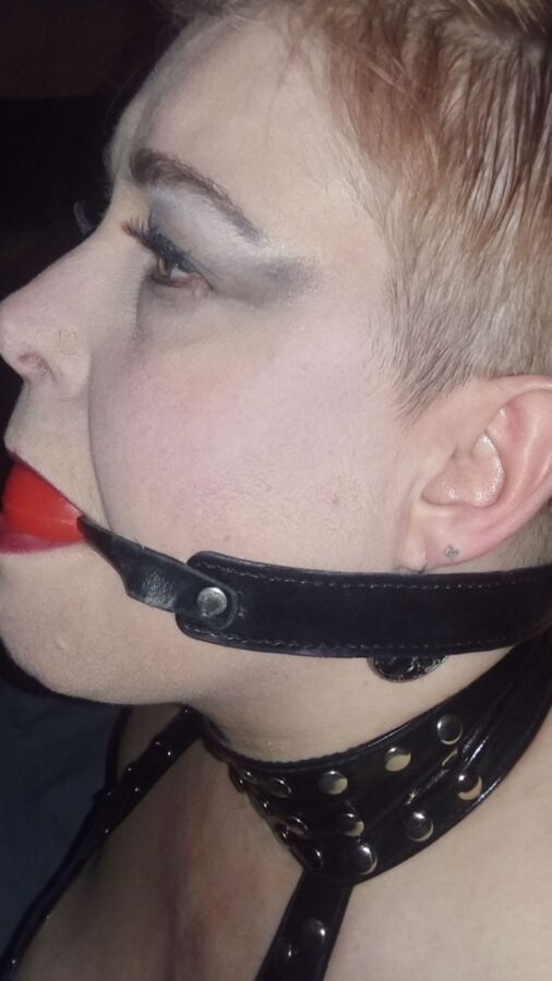 Mowhawked Wife In Vinyl Gets Choked & Ball Gagged 13 of 16 pics