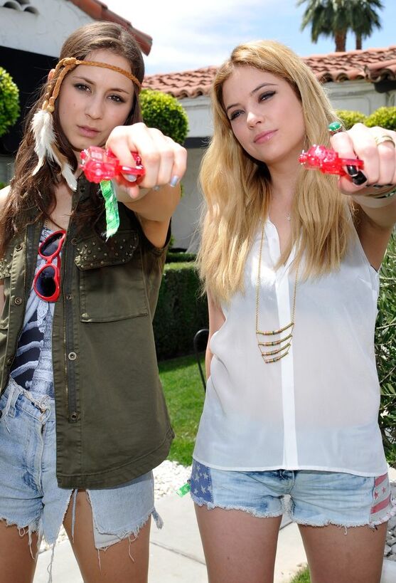 Ashley Benson and Troian Bellisario at GUESS Hotel Pool Party 2 of 8 pics