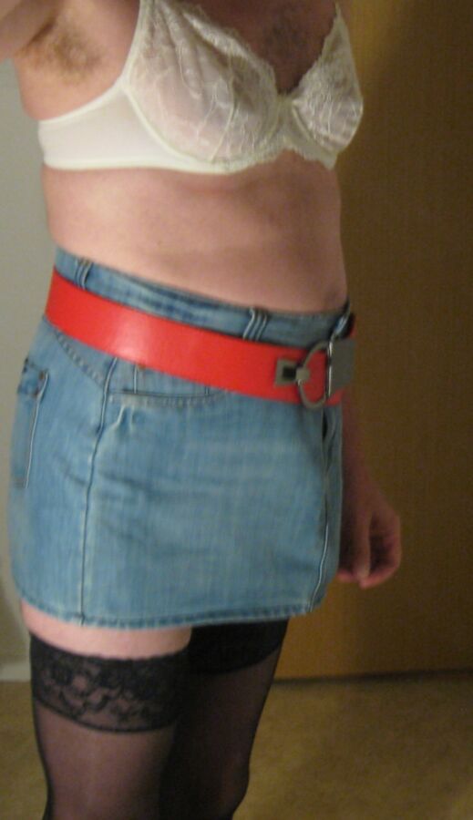 Me sissy denim skirt and wide belt, lingerie 13 of 29 pics