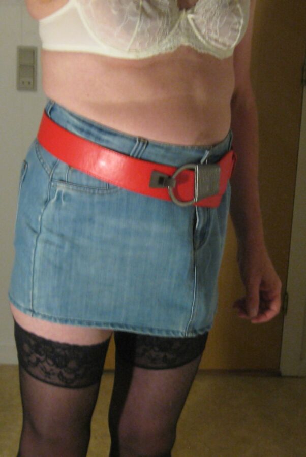 Me sissy denim skirt and wide belt, lingerie 14 of 29 pics