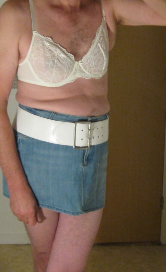 Me sissy denim skirt and wide belt, lingerie 1 of 29 pics
