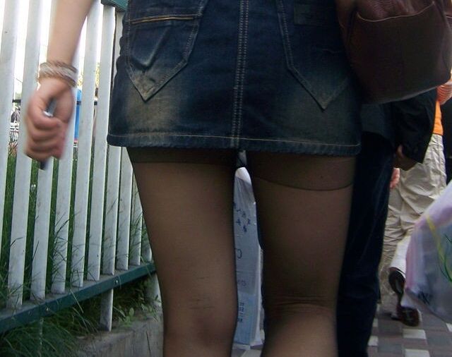 Chinese Candid n.d. denim miniskirt pantyhose seam 2 of 20 pics