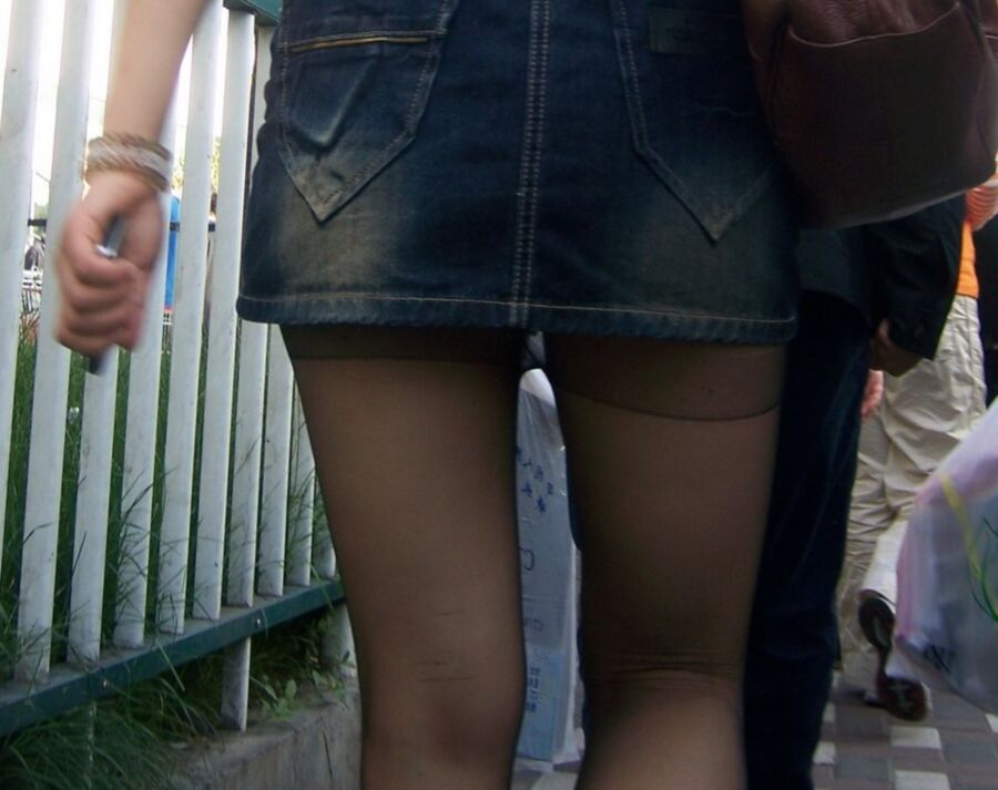 Chinese Candid n.d. denim miniskirt pantyhose seam 14 of 20 pics