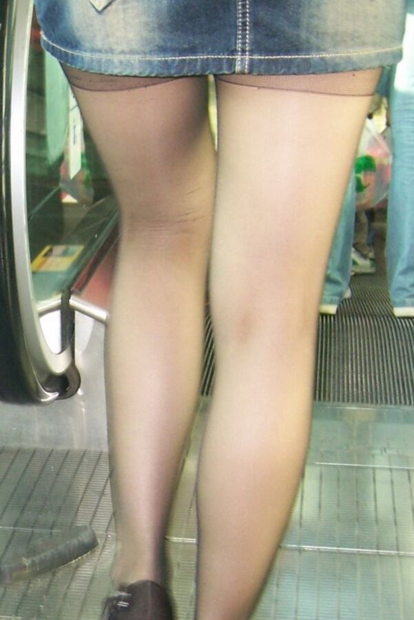 Chinese Candid n.d. denim miniskirt pantyhose seam 12 of 20 pics