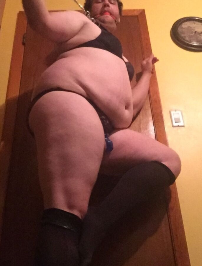Fat pathetic sissy pig in black stockings exposed! 8 of 17 pics