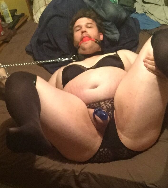 Fat pathetic sissy pig in black stockings exposed! 17 of 17 pics