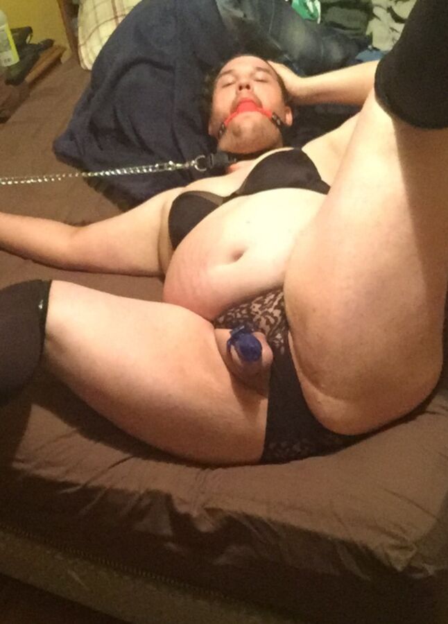 Fat pathetic sissy pig in black stockings exposed! 6 of 17 pics
