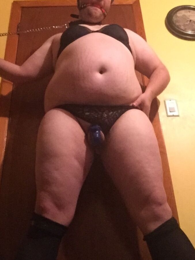 Fat pathetic sissy pig in black stockings exposed! 15 of 17 pics