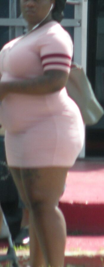 SUPER fat black girl SUPER tight pink dress FAT BELLY & Legs 1 of 17 pics