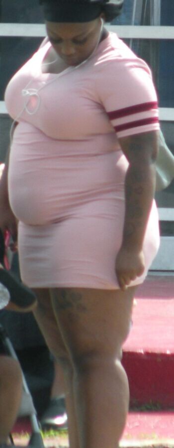 SUPER fat black girl SUPER tight pink dress FAT BELLY & Legs 5 of 17 pics
