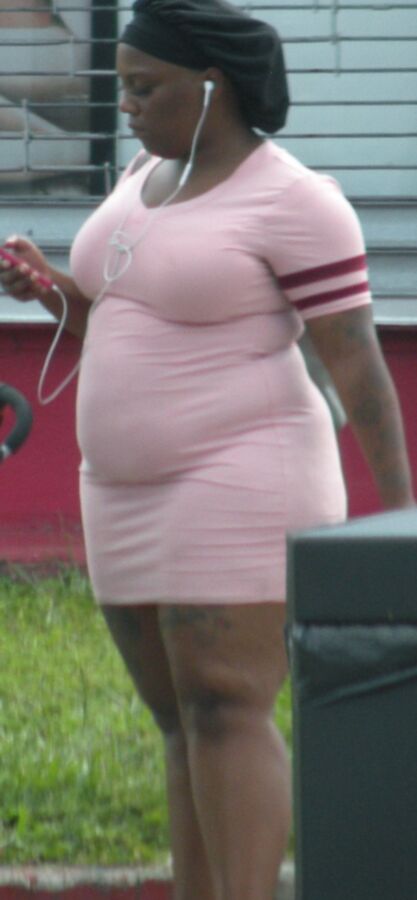 SUPER fat black girl SUPER tight pink dress FAT BELLY & Legs 15 of 17 pics
