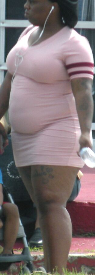 SUPER fat black girl SUPER tight pink dress FAT BELLY & Legs 17 of 17 pics