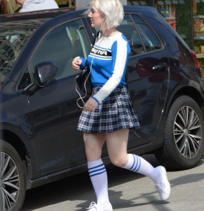 Candid Street Slut in Socks and Plaid Slirt 13 of 16 pics