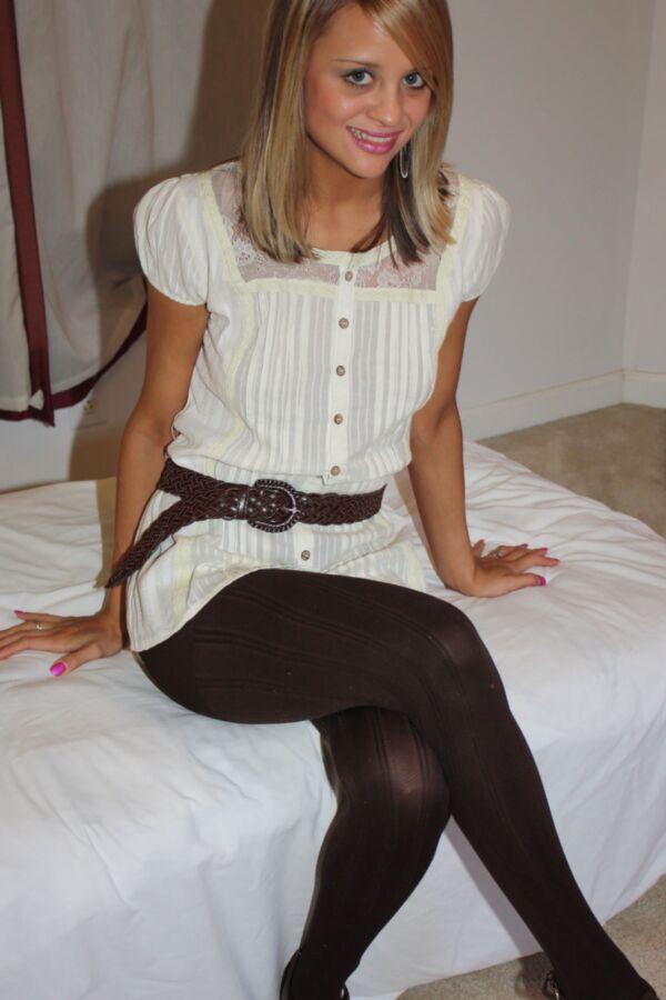 Blonde Kelly in brown striped tights 10 of 116 pics