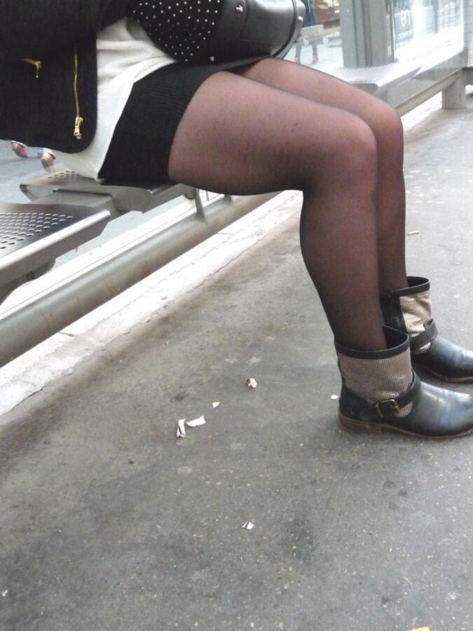 Candid in pantyhose at the bus stop 15 of 25 pics