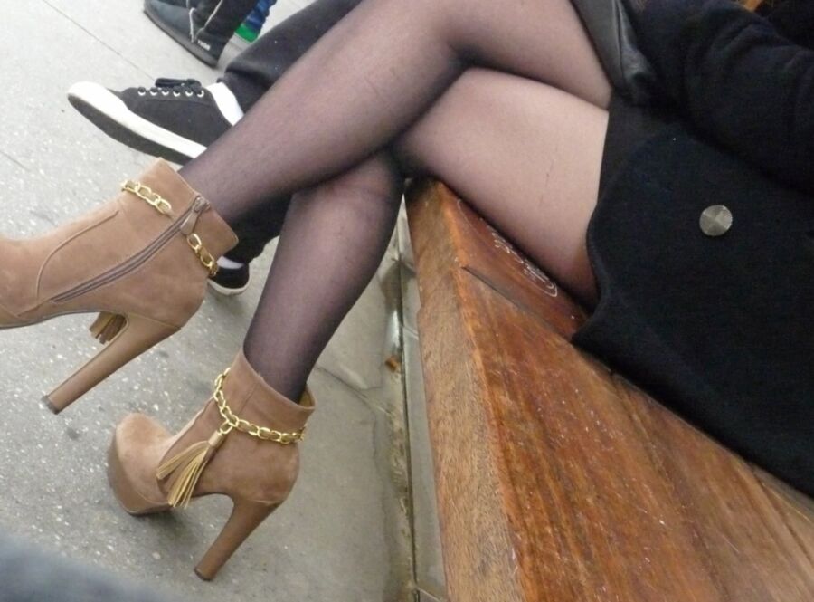 Candid in pantyhose at the bus stop 8 of 25 pics