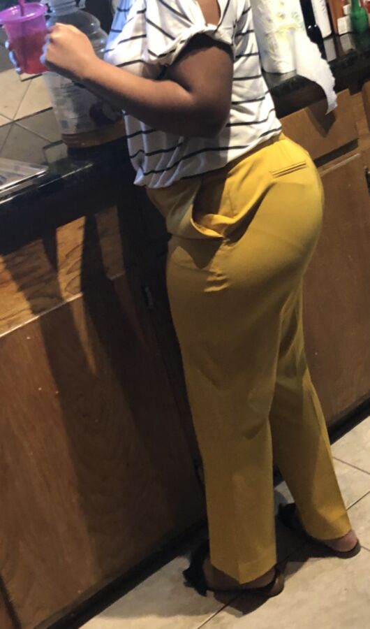 Sneaky shots of  friend in yellow pants with her muscle booty 14 of 29 pics