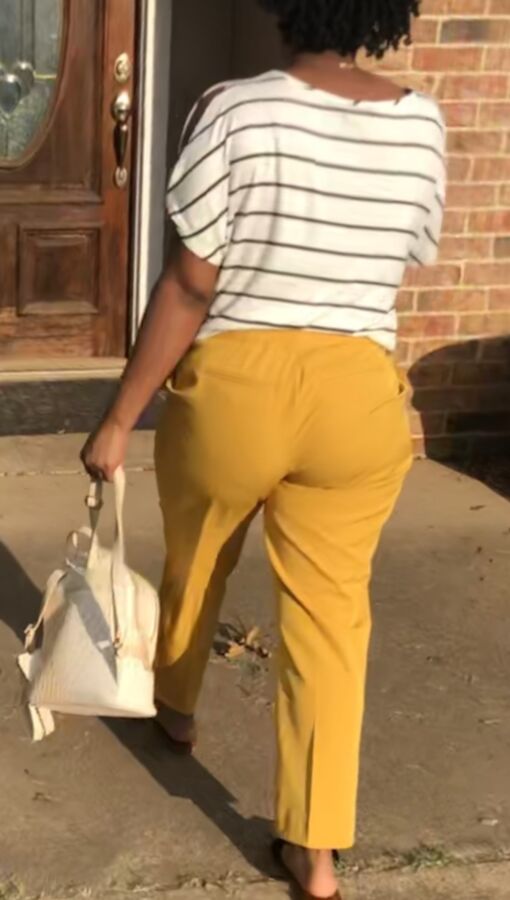 Sneaky shots of  friend in yellow pants with her muscle booty 10 of 29 pics