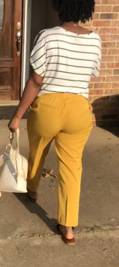 Sneaky shots of  friend in yellow pants with her muscle booty 3 of 29 pics