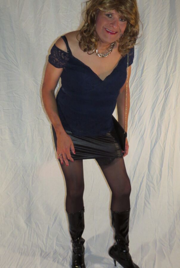 Crossdresser Blue Lace Top PVC Skirt Boots and Stocking.  4 of 12 pics