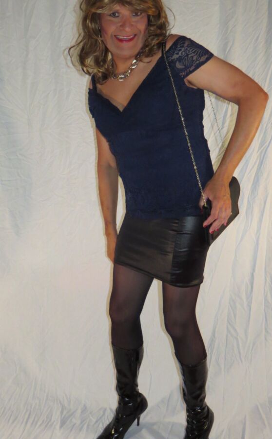 Crossdresser Blue Lace Top PVC Skirt Boots and Stocking.  3 of 12 pics