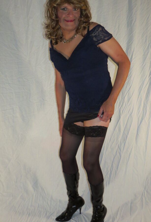 Crossdresser Blue Lace Top PVC Skirt Boots and Stocking.  5 of 12 pics